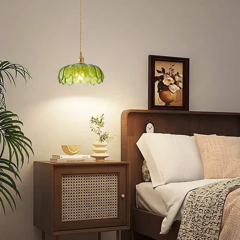 Modern 1-Light Pendant with Light Green Tinted Glass Shade and Electroplated Brass Finish
