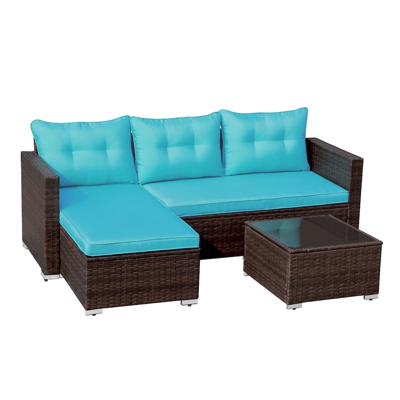 L-Shaped Outdoor Sectional Sofa, PE Wicker Patio Sofa Set with Table and Cushions