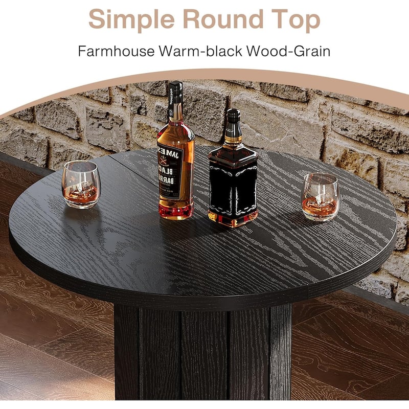 Round Bar Table, Wood Bistro Pub Table with Metal Ring Footrest