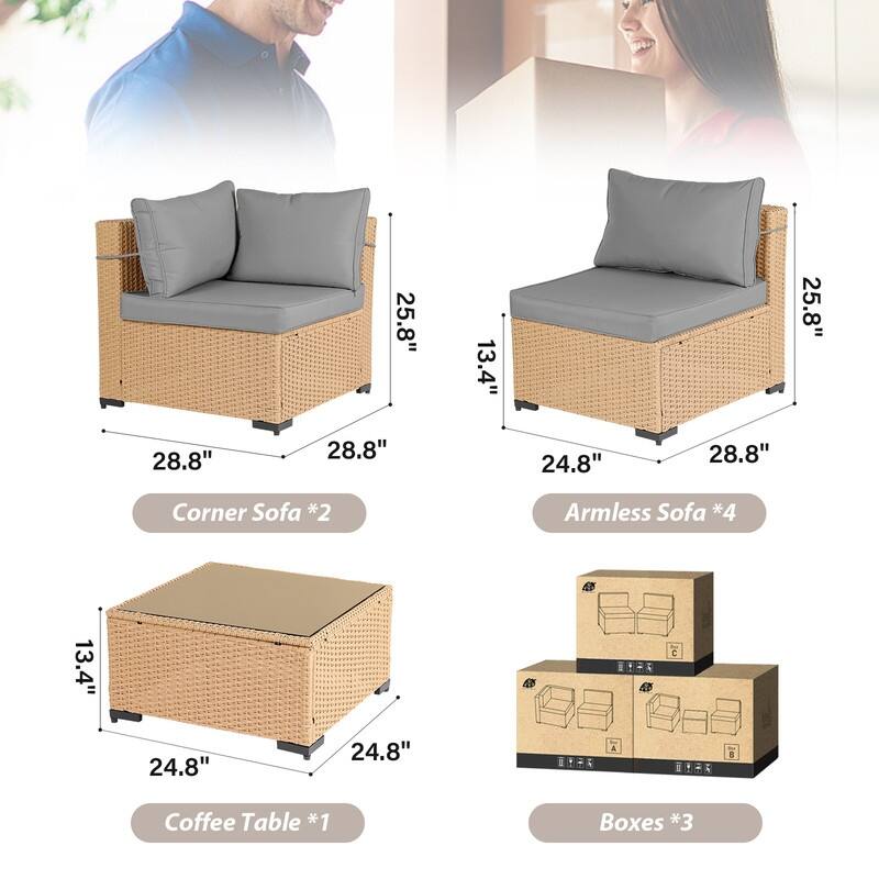 Patio Watcher 7-Piece Patio Yellow Wicker Sectional Seating Group with Cusions and Side Table