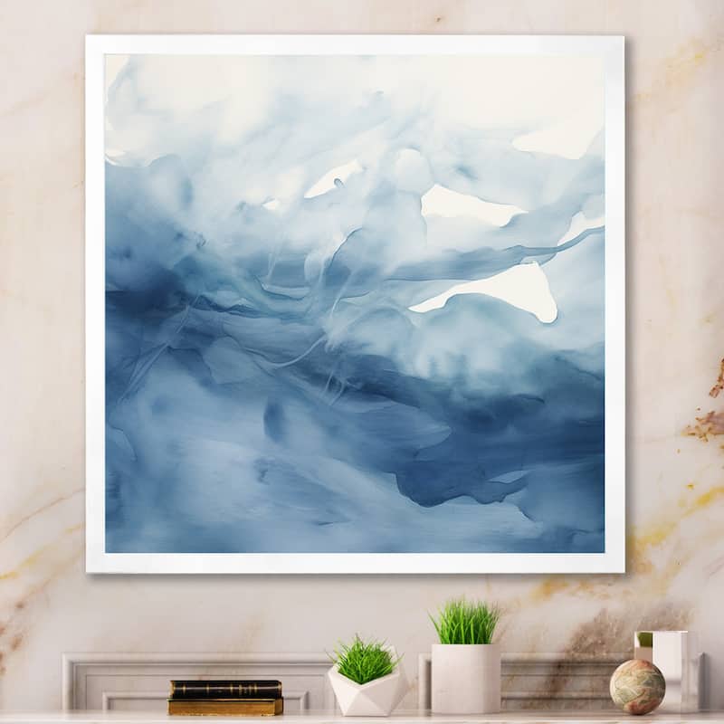 Designart "Blue And White Dancing Watercolor Clouds" Abstract Painting Framed Canvas Art Print - 30 in. wide x 30 in. high - White