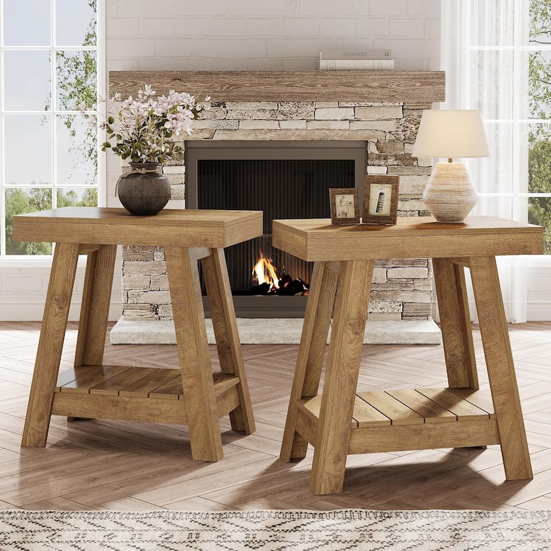 2-Tier Wooden End Table, Farmhouse Small Sofa Side Table with Storage