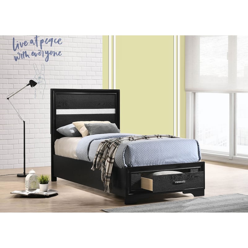 Black Twin Storage Panel Bed with Integrated Drawers and Crystal Accents - Black