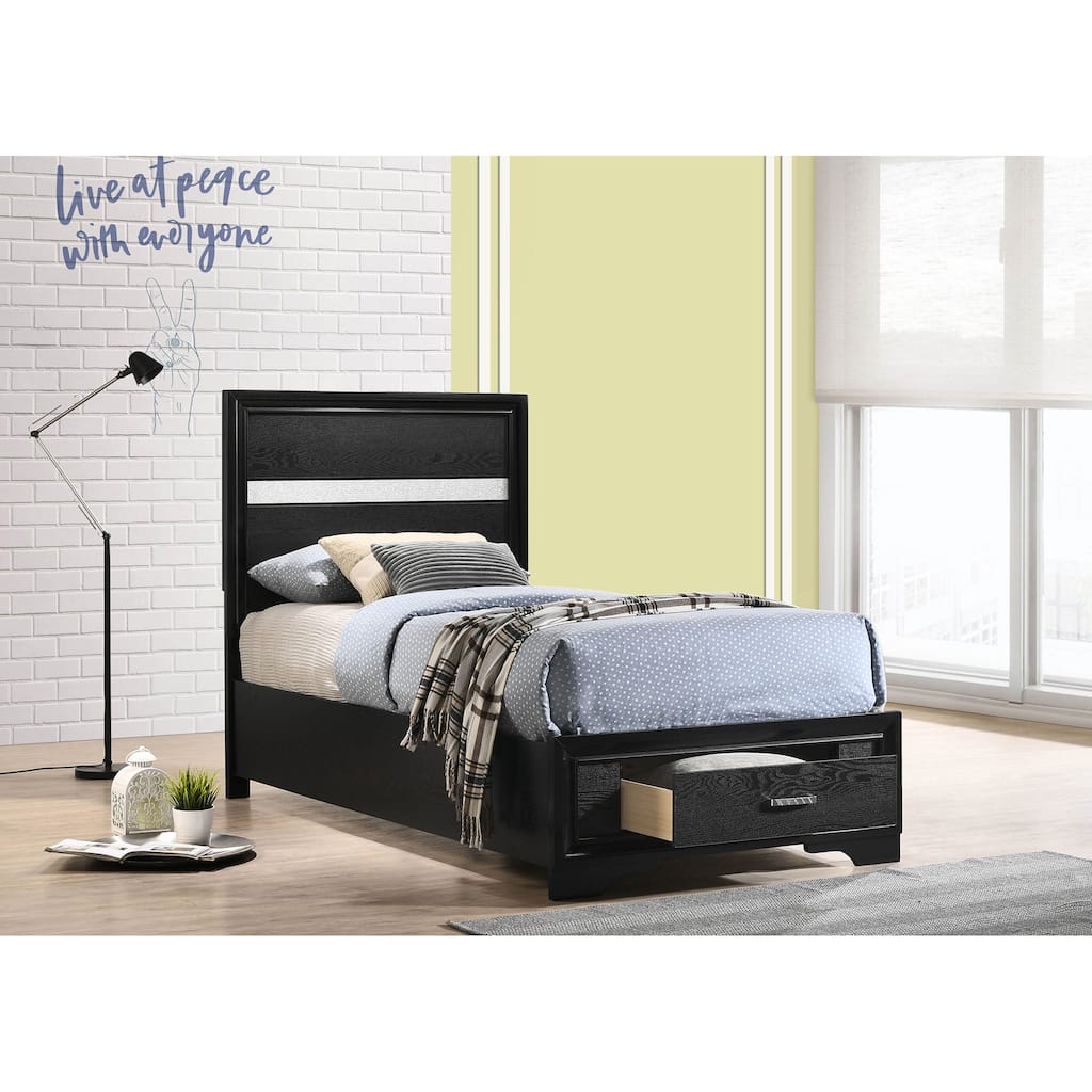Black Twin Storage Panel Bed with Integrated Drawers and Crystal Accents