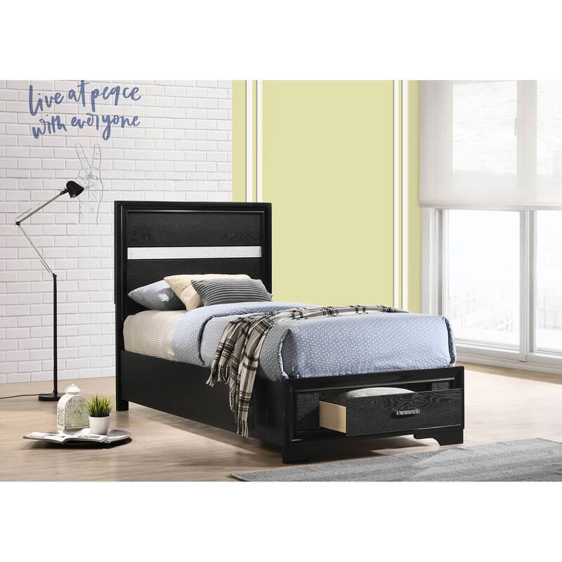 Twin Size Solid Wood Storage Bed with Built-in Drawers and Panel Headboard - Black
