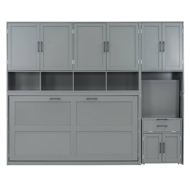 Twin Size Murphy Bed with Closet, Desk and Storage Shelves, Space Saving Design Murphy Bed Cabinet with Open Storage