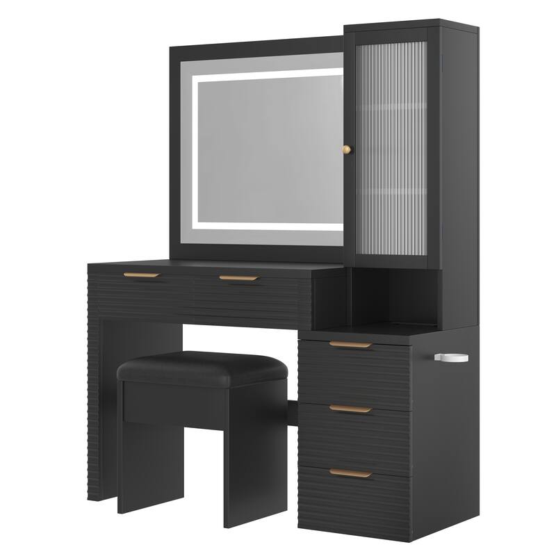 Fluted Makeup Vanity Desk with Charging Station, Bedroom Dressing Table Set with Storage Stool, Large Mirror and Lights