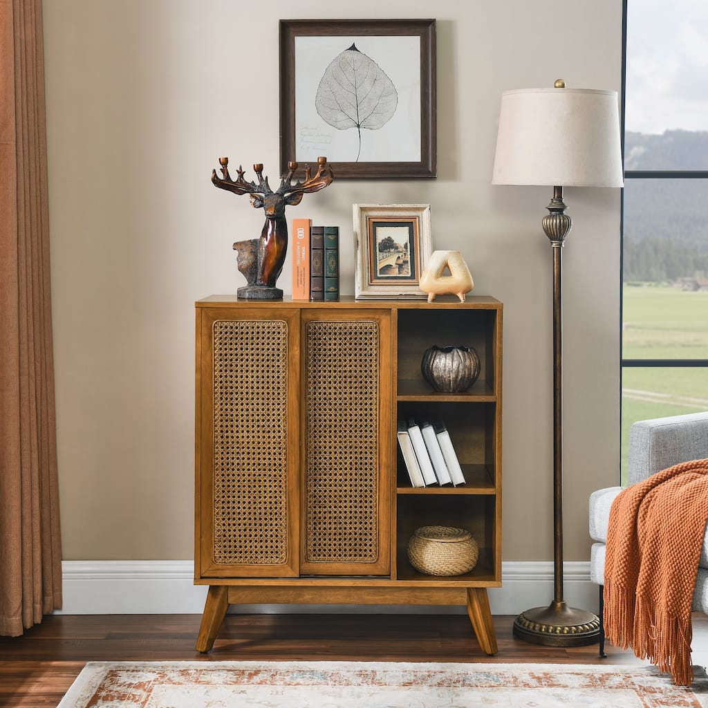 Mid-Century Modern Rattan Sideboard Cabinet with Adjustable Shelves and Solid Wood Feet by GDFStudio