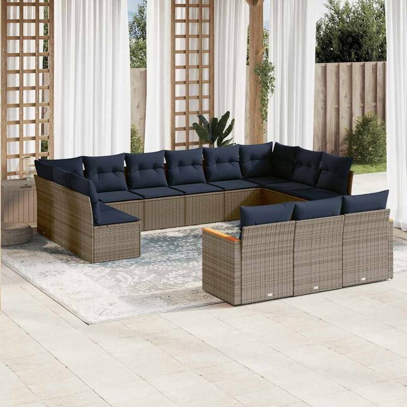 vidaXL 13/14 Piece Patio Sofa Set with Cushions Black/Gray Poly Rattan - 24.4 x 24.4 x 27.2 - Gray Without table