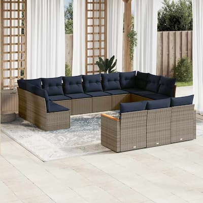 vidaXL 13/14 Piece Patio Sofa Set with Cushions Black/Gray Poly Rattan - 24.4 x 24.4 x 27.2