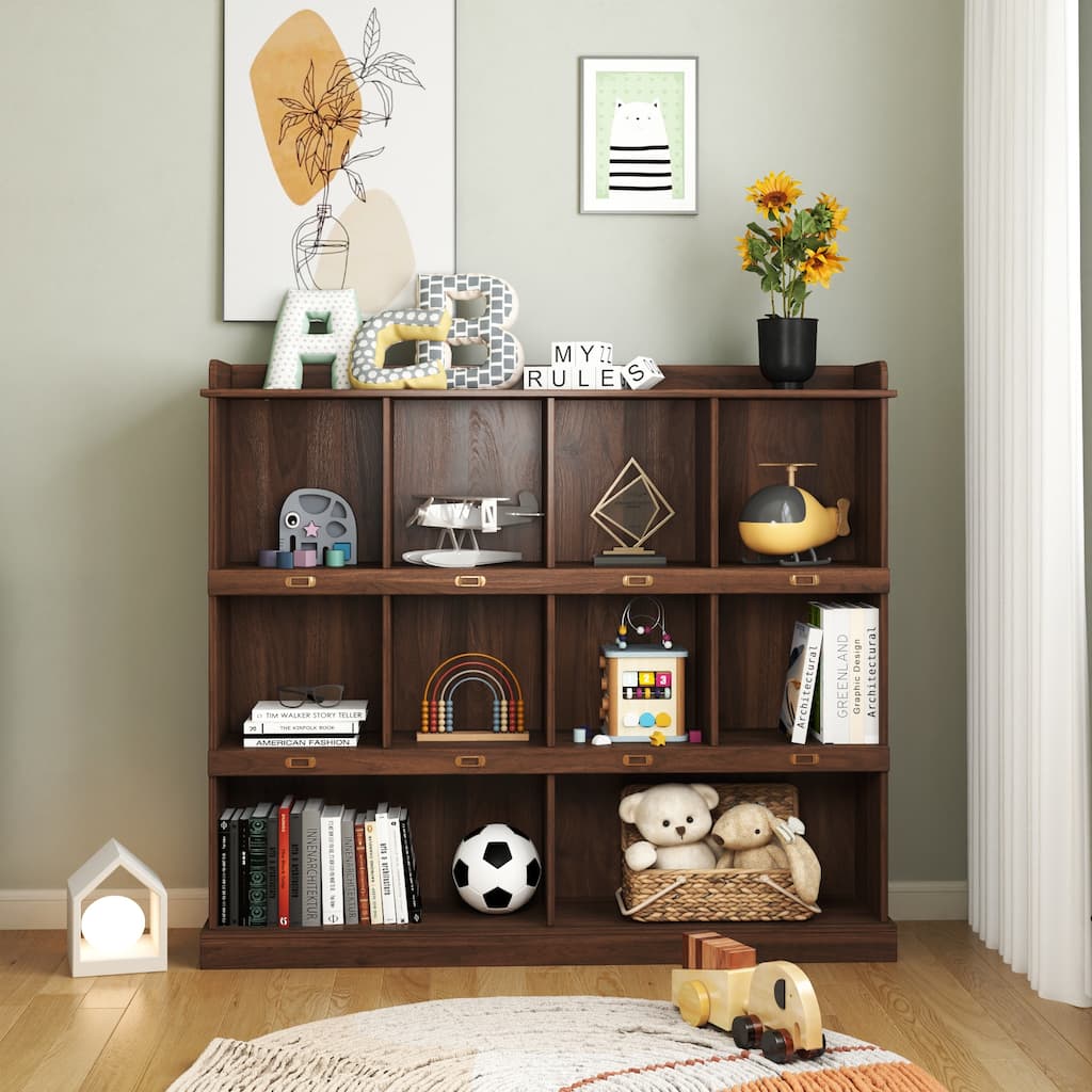 Anmytek 10-Shelf Walnut Cubby Bookcase Storage Organizer