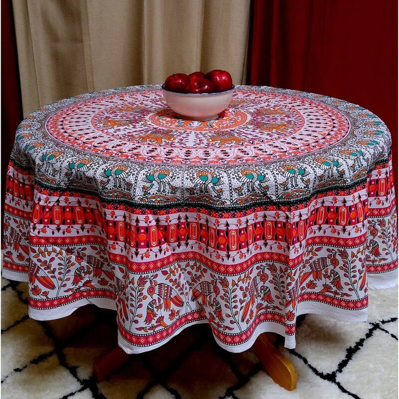 Mighty Elephant and Peacock Print Cotton Tablecloth Round - Red
