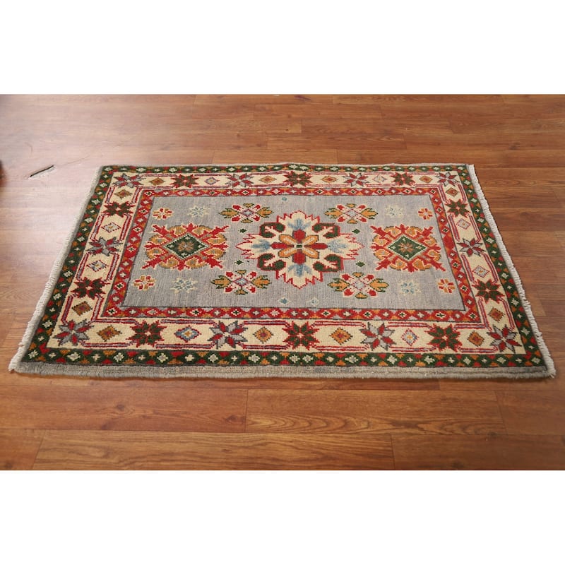 Geometric Kazak Oriental Foyer Rug Hand-Knotted Wool Carpet - 2'0"x 3'0"