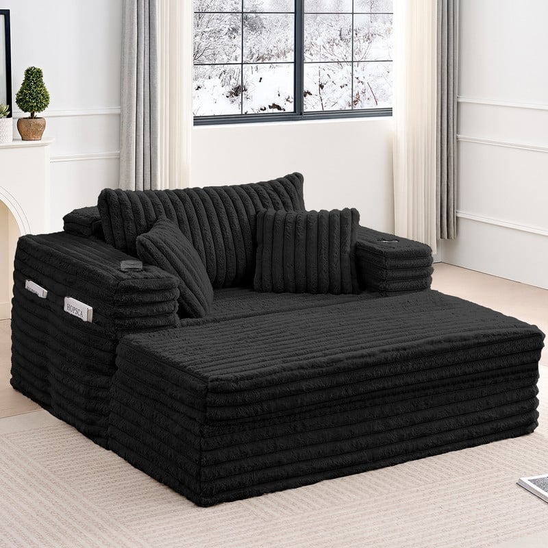 Mixoy Modern Corduroy Fabric Sofa Bed Chair,Single Sofa Chair With Cup Holders,Wide Armrests,Sleeper For Apartment - Black - 1-Seater Sofa