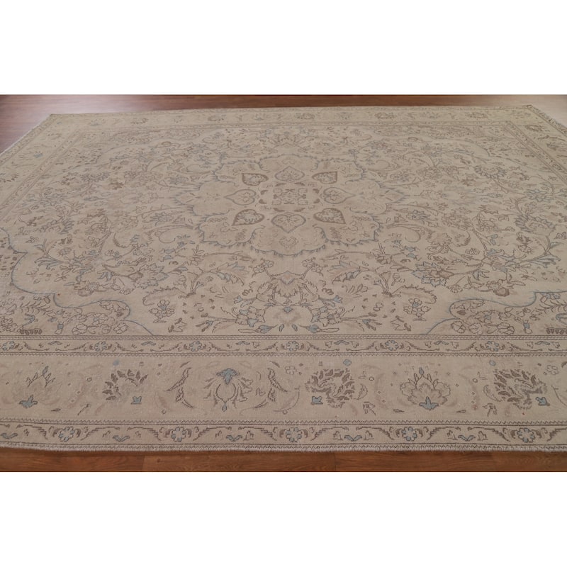 Vintage Distressed Tabriz Persian Rug Geometric Handmade Wool Carpet - 9'6" x 13'1"