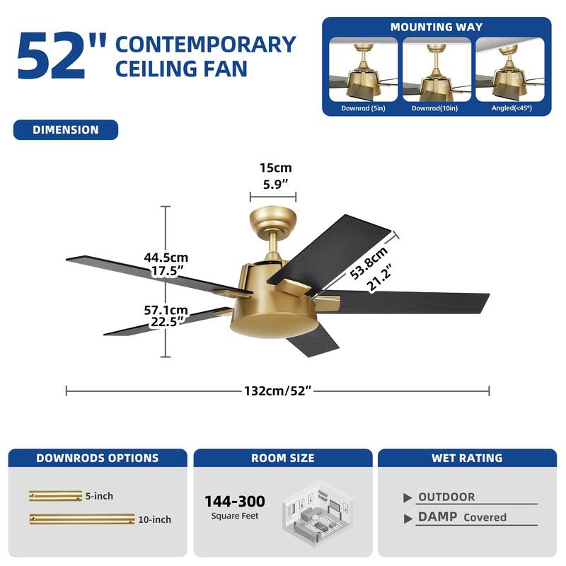 Moasis 52 Inch Modern Black Gold Ceiling Fan with Wall Switch & Remote