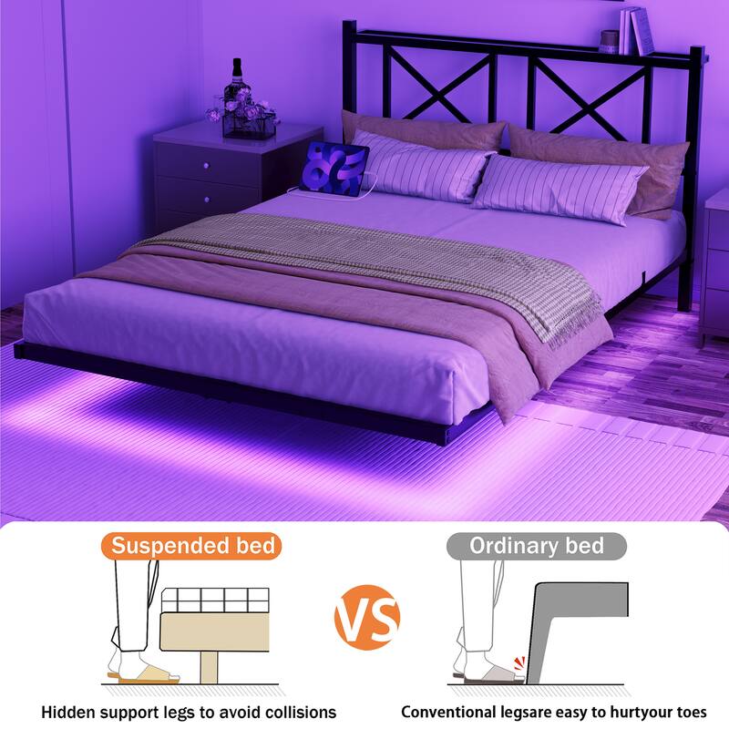 Floating Bed Frame Metal Platform Bed Frame with USB Charging Station Storage Headboard, LED Lights, No Box Spring Needed,Black