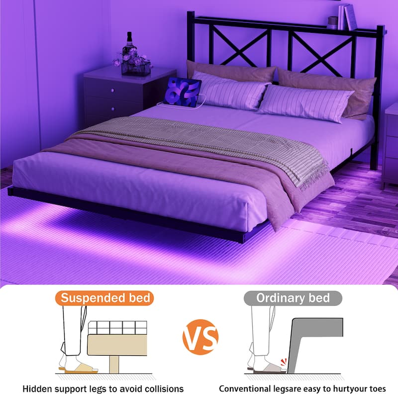 Queen Size Floating Bed Frame with Headboard and Storage, Full Size Platform Bed Frame with USB Charging Station