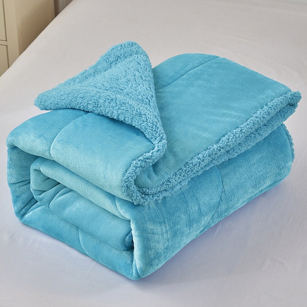Kids Comforter Sherpa Set Twin Size with Pillow Sham Solid Blue 59 x 79
