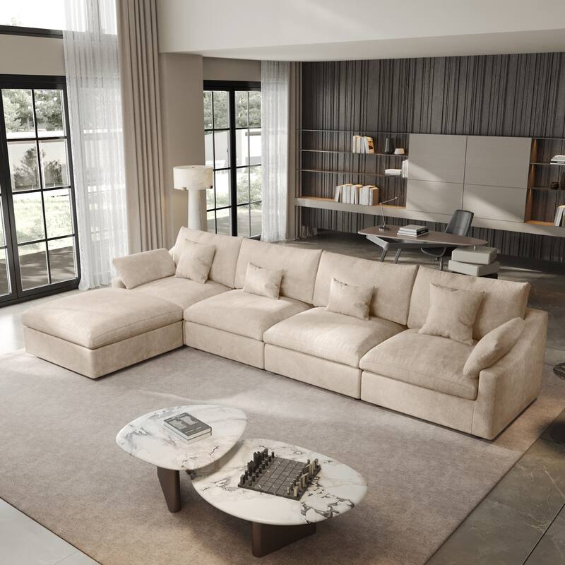 155.9" L-shaped Modern Linen Sectional Modular Sofa 4-Seater Down Filled Cloud Couch with Ottoman - Khaki