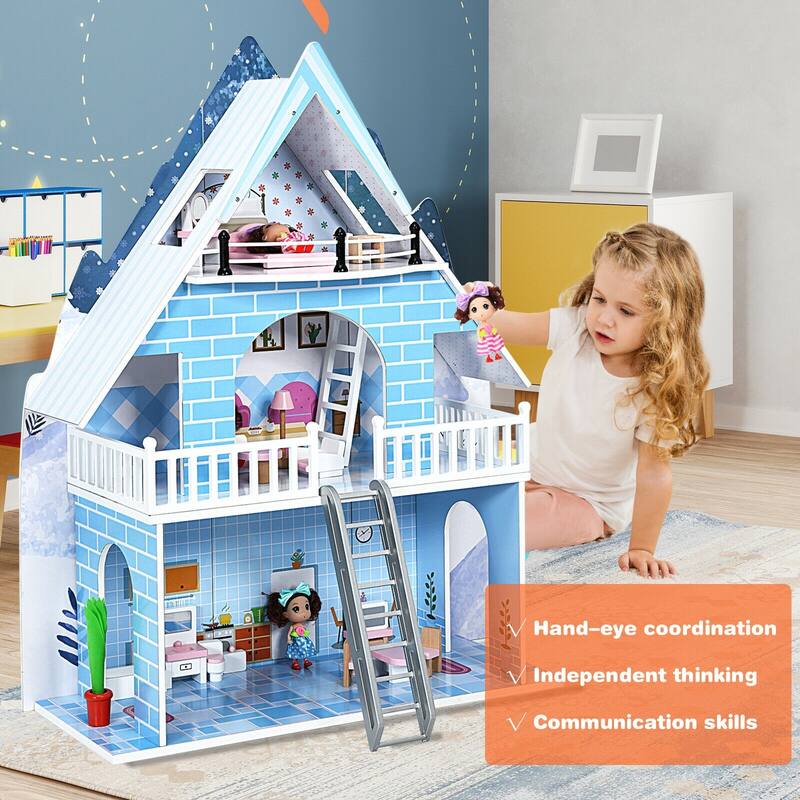 SUGIFT Wooden Dollhouse 3-Story Pretend Playset with Furniture and Doll Gift for Age 3+ Year