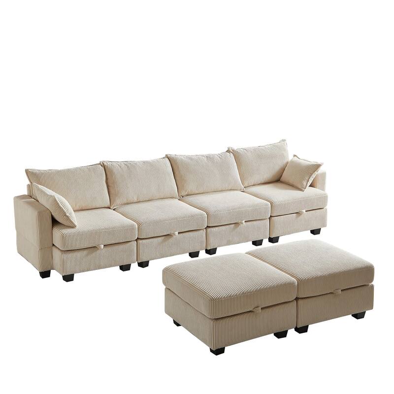 Beige 6-Piece Convertible Corduroy Modular Sectional Sofa with Storage & Ottomans