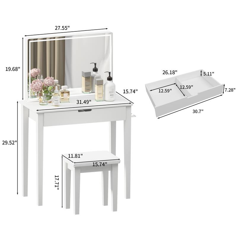 Classic White Makeup and Vanity Set with Stool, Drawers Makeup Mirror