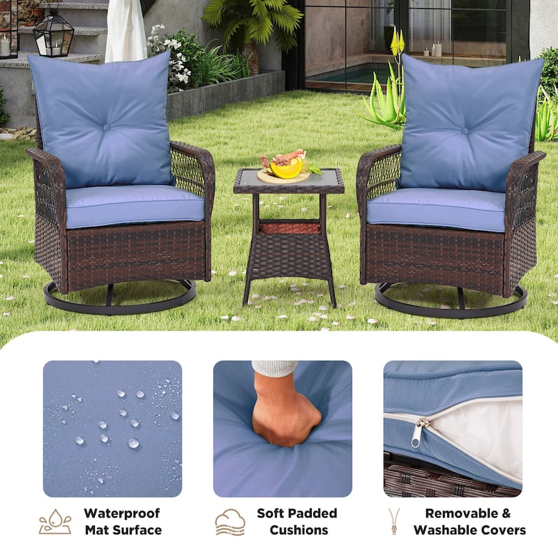 3-Piece Outdoor Rocking/Swivel Chair Set - PE Rattan Patio Furniture with Cushions & Coffee Table, Rocker Chairs for Backyard