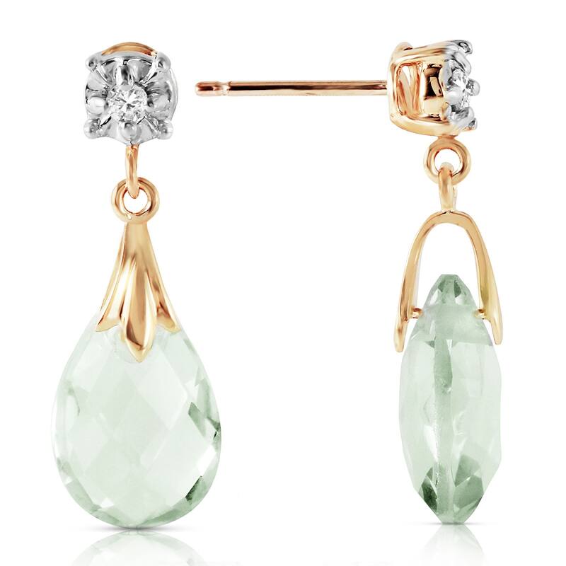 14K Solid Gold Stud Gemstone Earrings Diamond & Green Amethyst