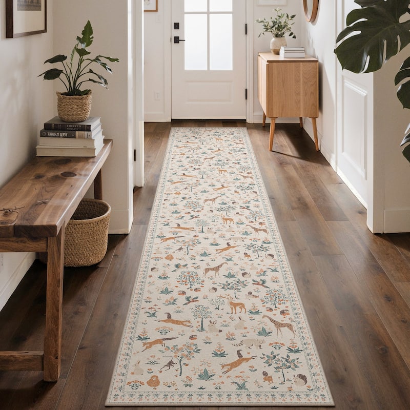 Mcow Woodland Friends Animal Print Low-Pile Machine-Washable Area Rug