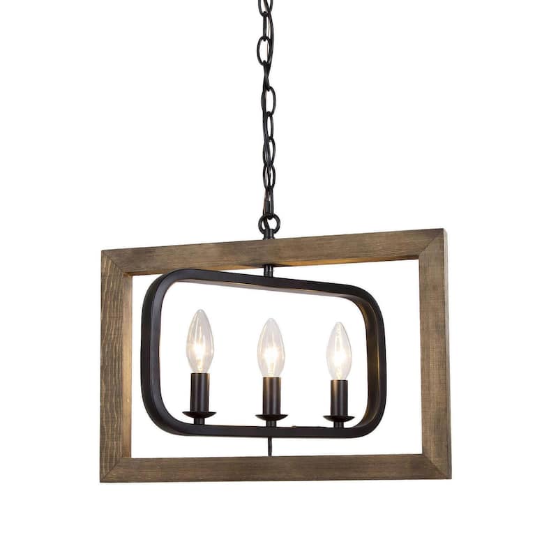 Farmhouse 3-Light Wood Island Chandelier Adjustable Frame Pendant for Kitchen Island - L17"xW13.5"xH14.5"