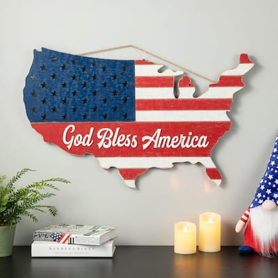 Glitzhome Wooden Patriotic National Flag or America Map Wall Decor