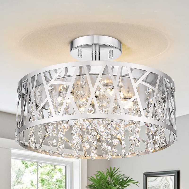 LED Semi-Flush Mount Ceiling Light Metal Carved Shade Crystal Accents - Dia.13.78-in - Dia.13.78-in