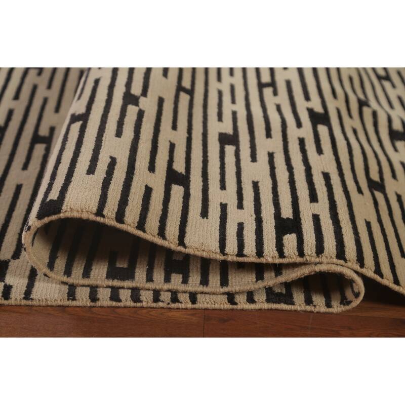 Beige Striped Nepalese Large Area Rug Handmade Wool Carpet - 10'1" x 13'9"