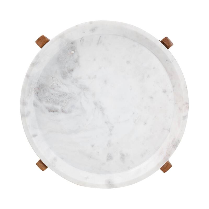 Phaedra Round Marble End Table - Modern Accent Table with Mango Wood Frame and Tray Tabletop for Living Room or Seating Area