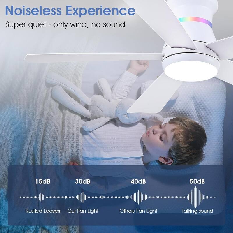 52 Inches RGB Flush Mount Ceiling Fan with Light and Remote,DC Motor,for Living Room Bedroom - 52 Inches