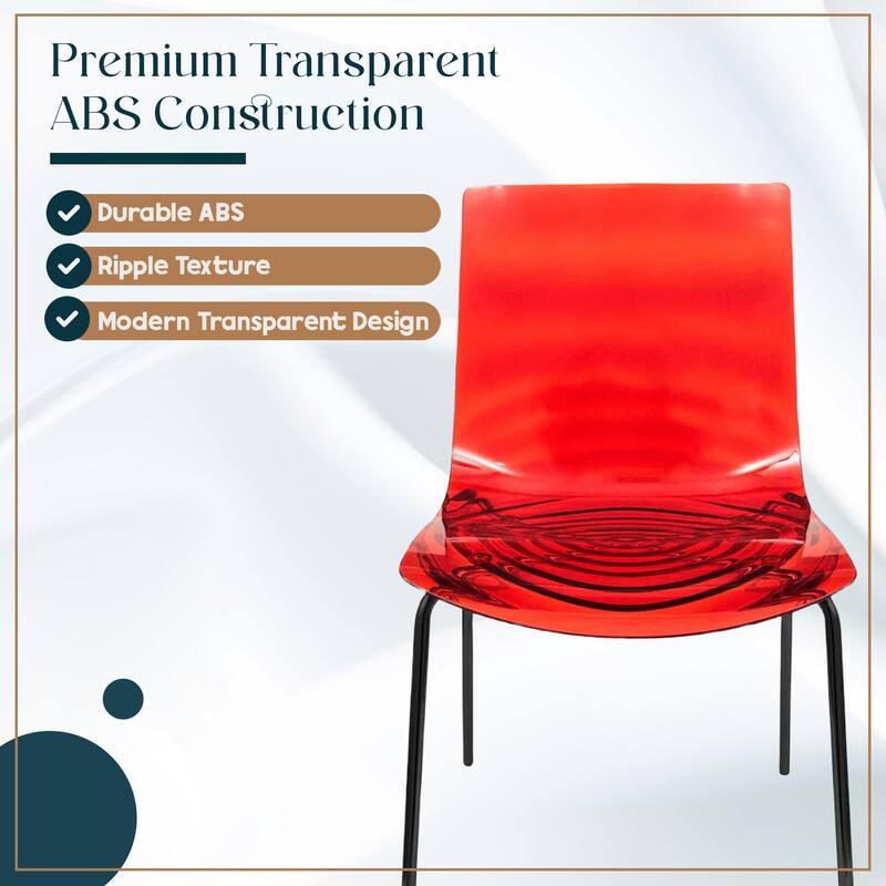 Astor Modern Minimalist Transparent Dining Chair with Black Metal Legs and Ripple Design Accent Side Chair for Indoor & Outdoor