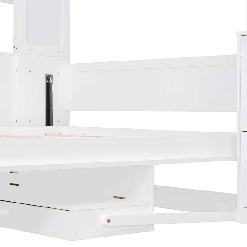 Queen Size Murphy Bed Wall Bed with Hidden Foldout Workstation, Side Open Shelves, Storage Cabinet and Drawers
