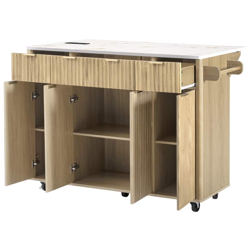 Fluted 55.5" Kitchen Island with Drop Leaf, Rolling Island Table with Drawers, Power Outlet for Functional Kitchen Organization