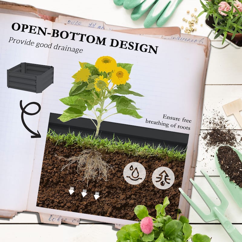 Outsunny Galvanized Raised Garden Bed, 24" x 24" x 11.75" Outdoor Planter Box with Trellis Tomato Cage and Open Bottom