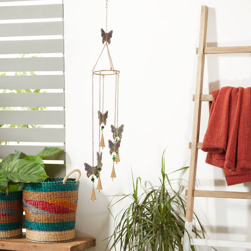 Gold Metal Handmade Indoor Outdoor Windchime with Glass Beads and Cone Bells - Iron - Multi-Color - Large