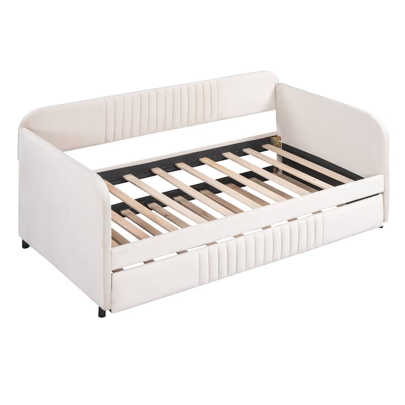 Twin Size Daybed with Trundle, Elegant Upholstered Velvet Sofa Bed