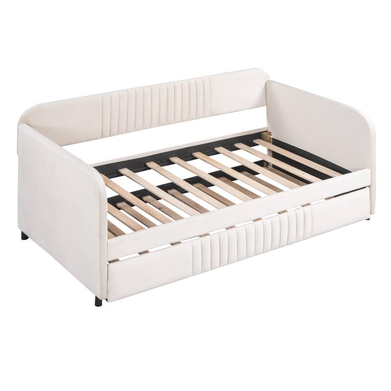 Twin Upholstered Daybed with Trundle Bed - Velvet Fabric Sofa Bed with Wood Slats, for Small Spaces, No Box Spring Needed