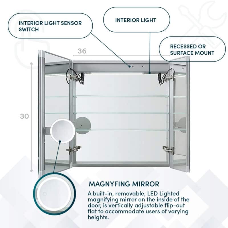 AQUADOM Signature Royale 36W LED Medicine Cabinet Defogger, 3X LED Vertically Adjustable Magnifying Mirror, Electrical Outlets