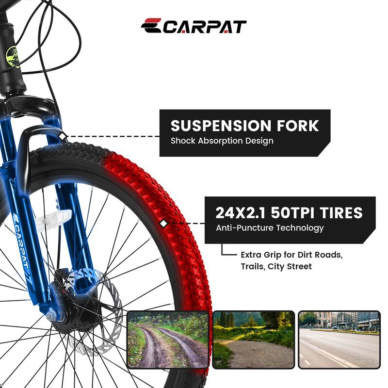 24 Inch Mountain Bike Boys Girls, Steel Frame, Shimano 21 Speed Mountain Bicycle with Daul Disc Brakes and Front Suspension MTB