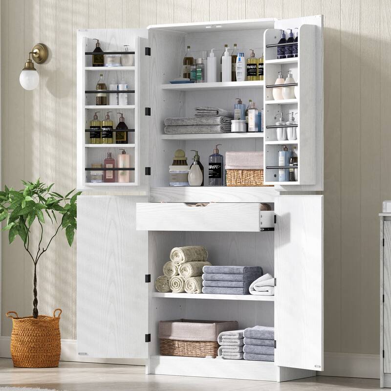72" Tall Farmhouse Kitchen Pantry Cabinet with 8 Door Shelves - White
