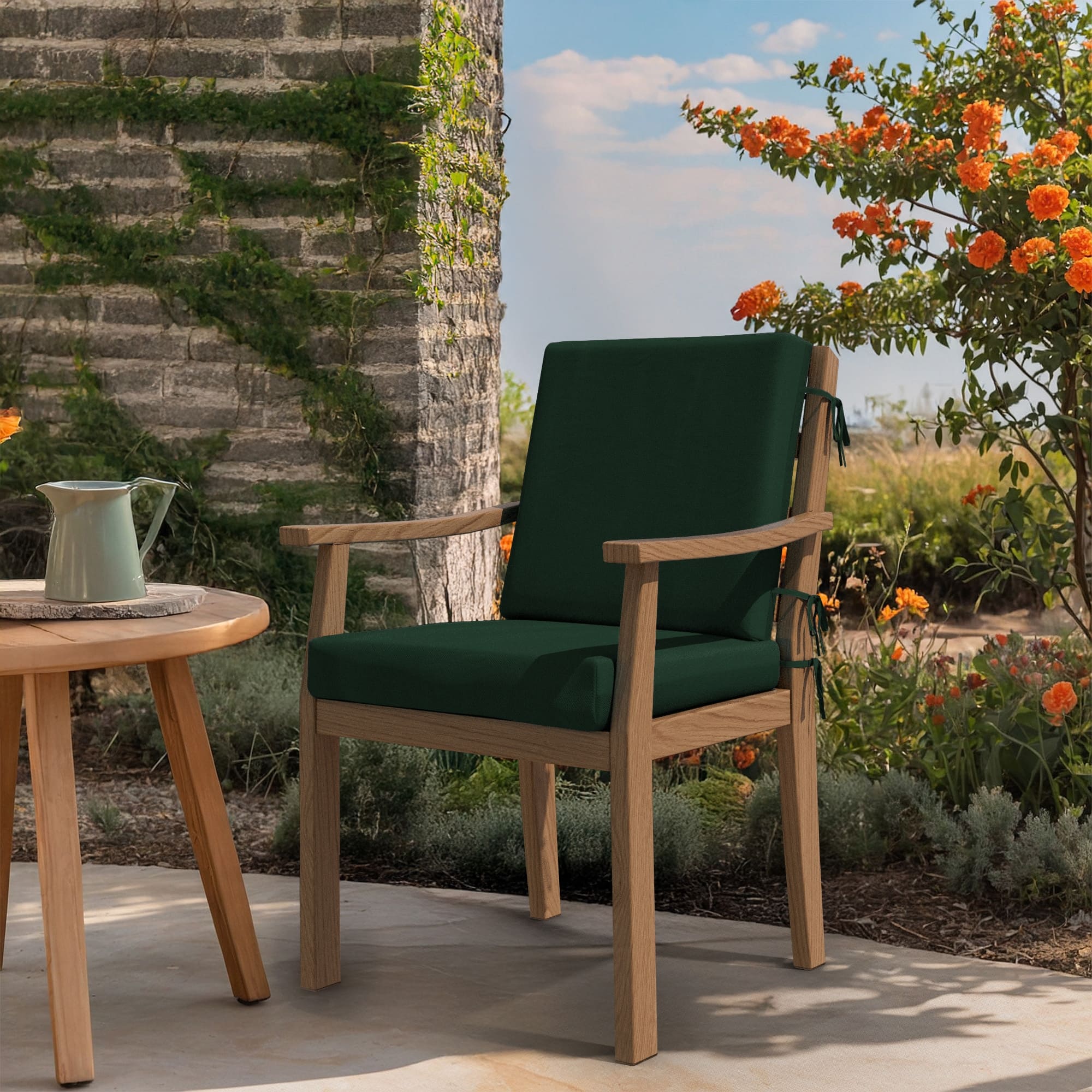 geen and brown patio cushion and umbrella Market | Wind Resistant, Crank Tilt, Woodgrain Finish | Commercial Grade | Sunbrella Forest Green Stay cool and dry with this 15ft Ainfox Patio Umbrella with Crank California Umbrella Outdoor Dining Chair
