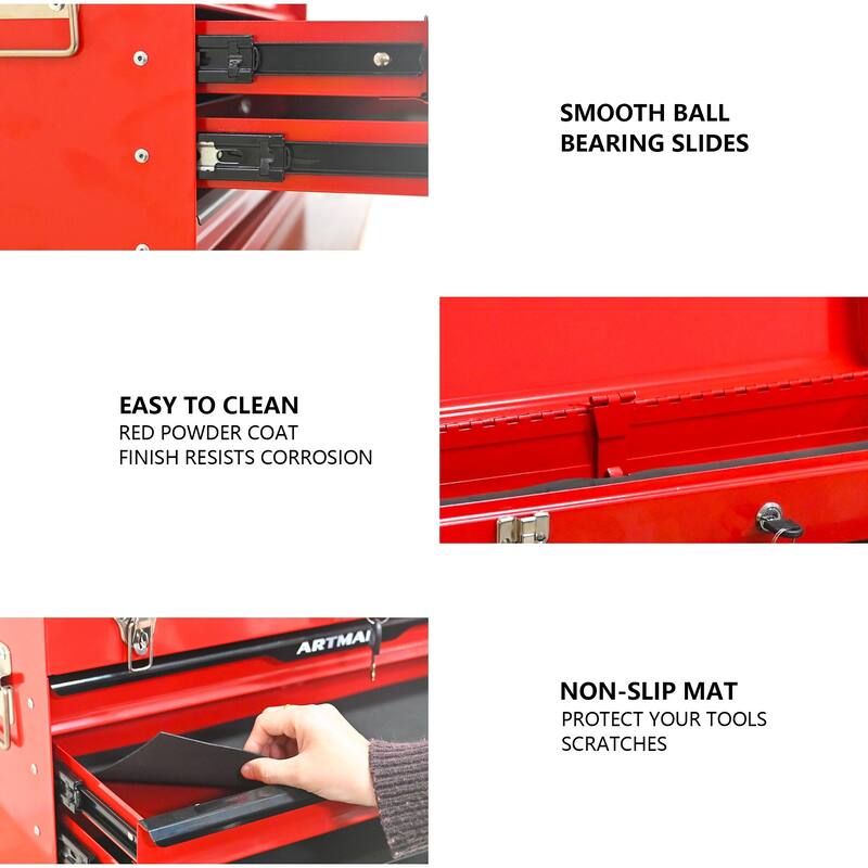 Anmytek Red 20 Inch Heavy Duty Steel Tool Box with Drawers and Metal Lock Closure Portable Tool Storage Chest and Organizer