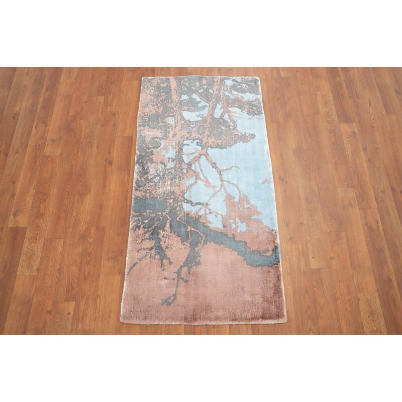Hand Knotted Oriental Viscose Silk Carpet Modern Abstract Multi-Colored Abstract Area Rug - 4' 0'' X 2' 0''
