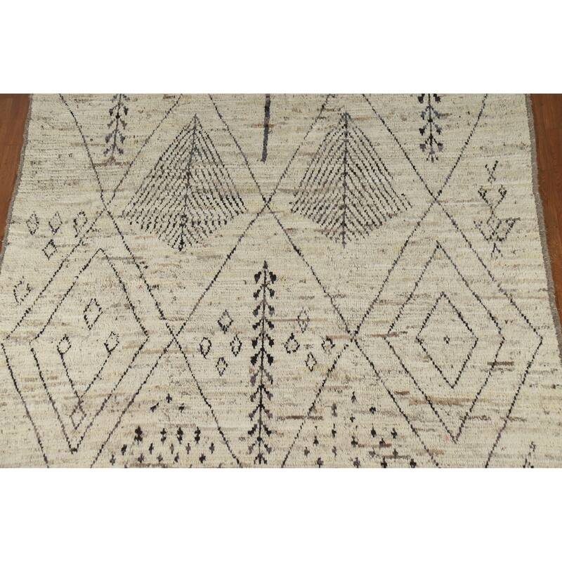 Geometric Moroccan Oriental Rug Handmade Geometric Beige Wool Carpet - 6'9" x 9'7"